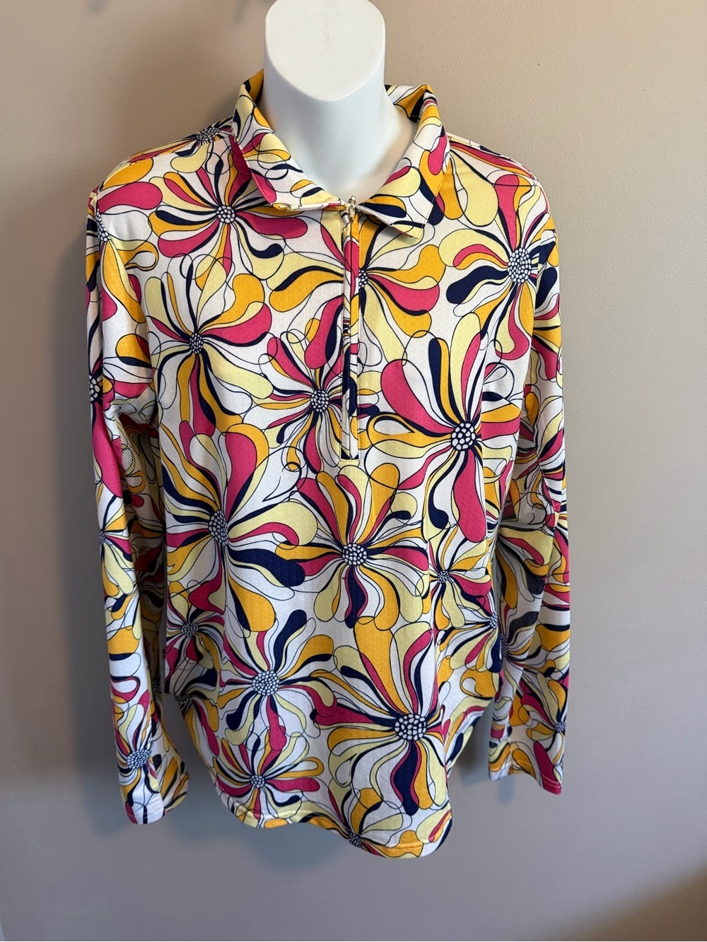 SanSoleil UPF50 Floral Print Quarter Zip Long Sleeve Sun Shirt florals Large